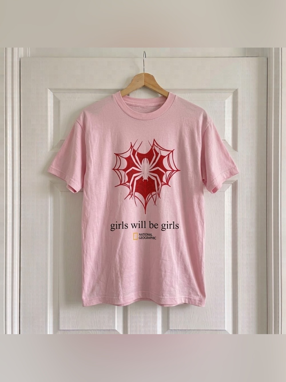 Girls Will Be Girls Spider Man Web Heart Light Pink Meme Graphic T-Shirt